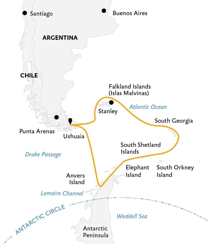 Falklands, South Georgia, and Antarctica: Explorers and Kings Expedition route